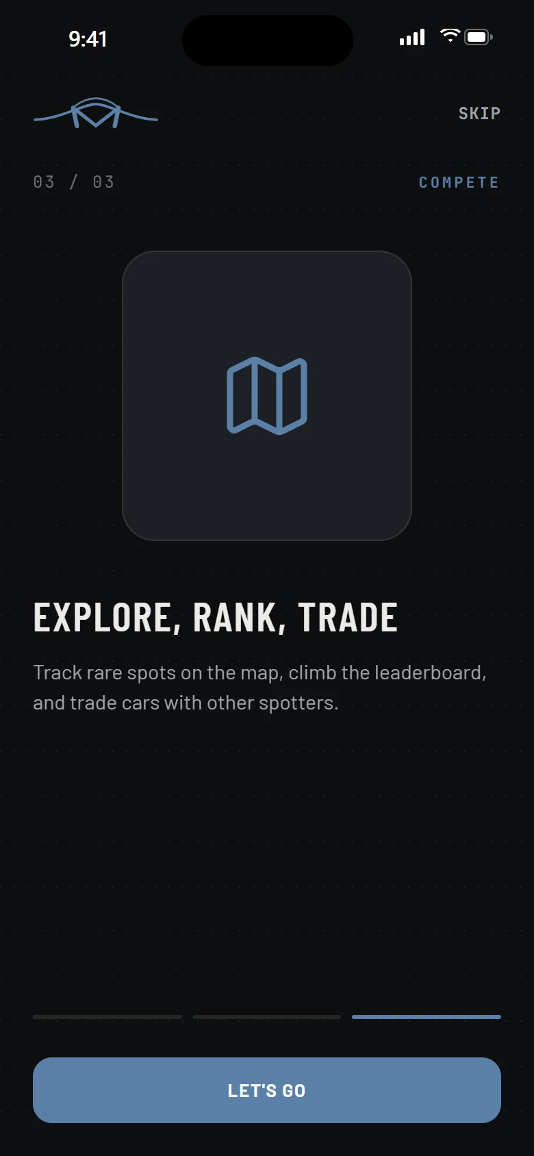 Marque's third onboarding screen: Explore, rank, trade, about tracking rare spots on a map, climbing the leaderboard and trading cars with other spotters.